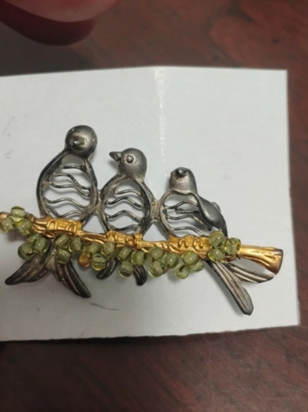 Silver & Gold Three-Bird Brooch with Olive Bead Accents
